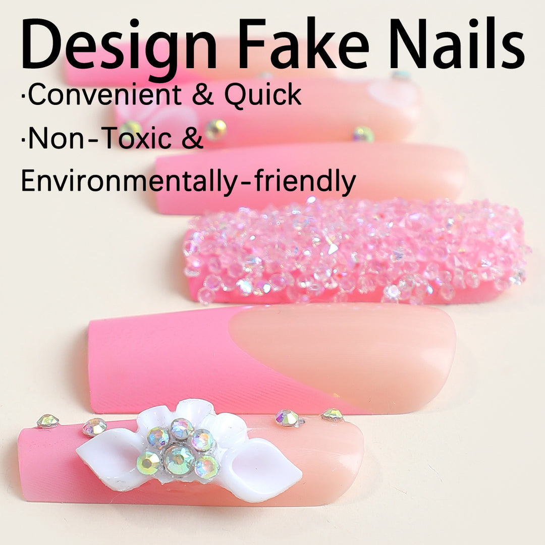 Acrylic nail set with sparkling glitter and delicate flower decorations Stornfield