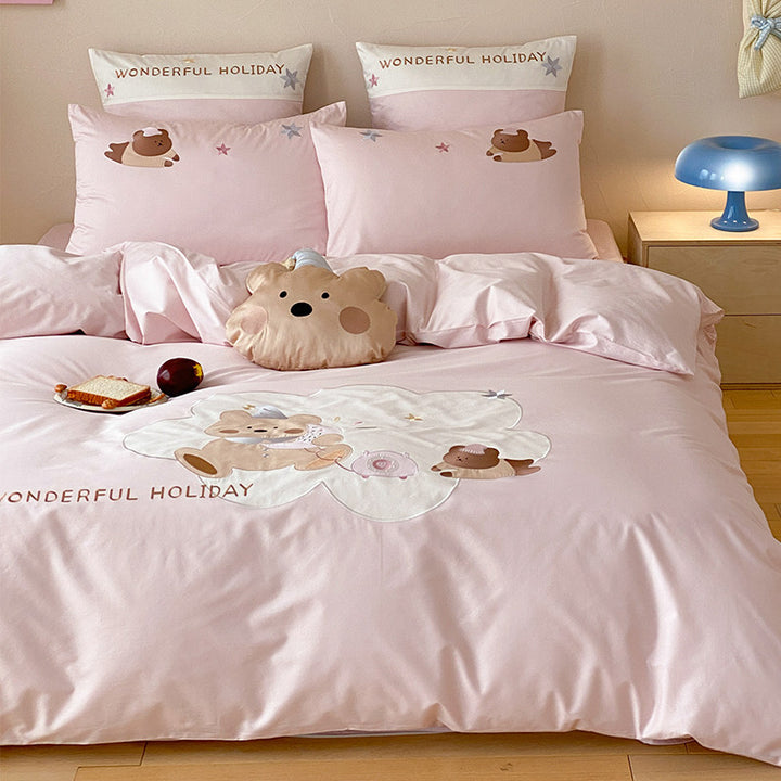 Children's Bear-Illustration Cotton-Blend Duvet Cover Set with Plush Cloud Cushion & Pillowcases
