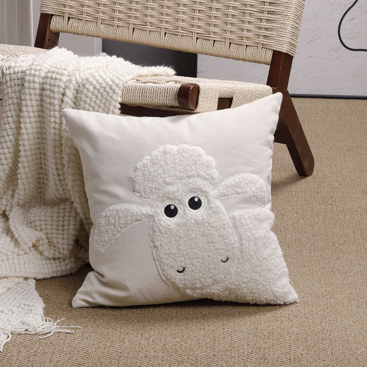 Plush Sherpa Appliqué Lamb Square Throw Pillow Cover with Hidden Zipper