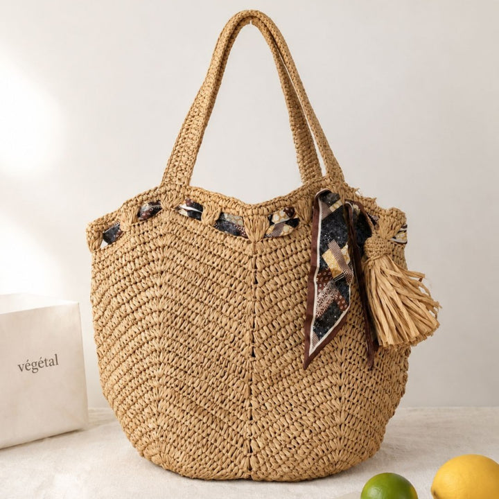 Handmade beach bag with playful pleat and tassels Stornfield
