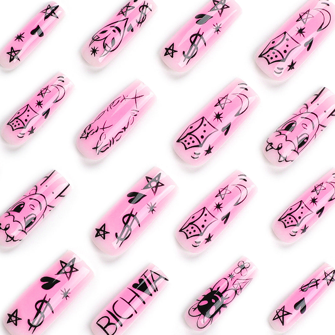 Artificial nail set with playful cartoon motif and shimmering accents Stornfield