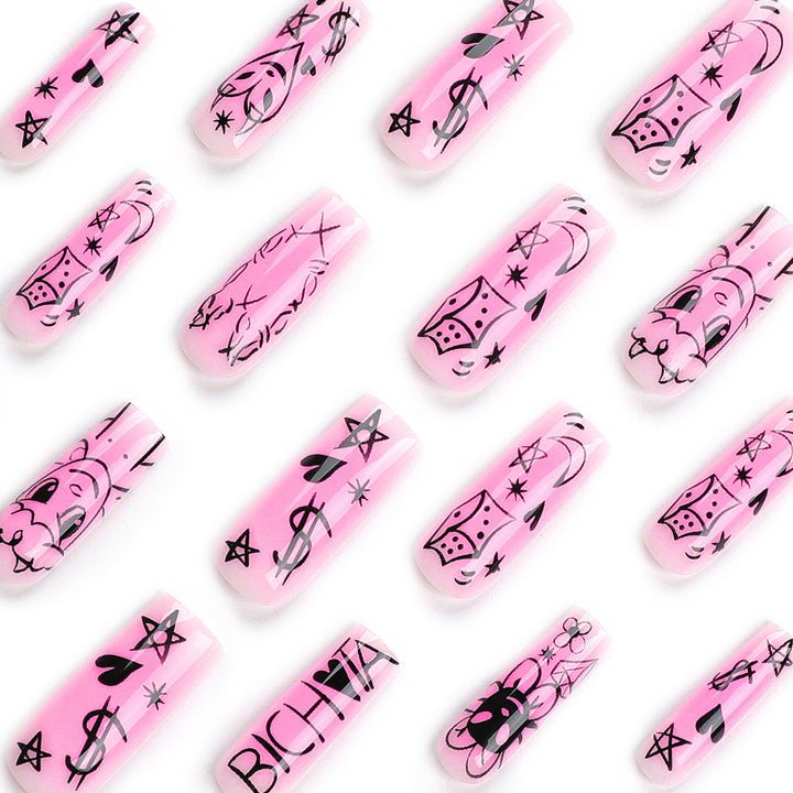 Artificial nail set with playful cartoon motif and shimmering accents Stornfield