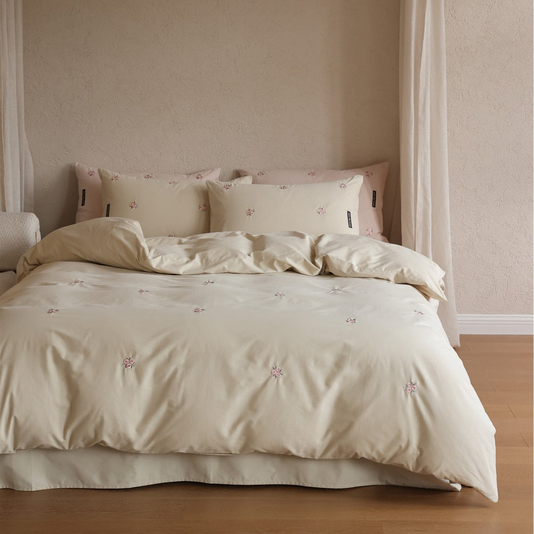 Embroidered Rose Cotton-Sateen Duvet Cover Set with Pillow Shams