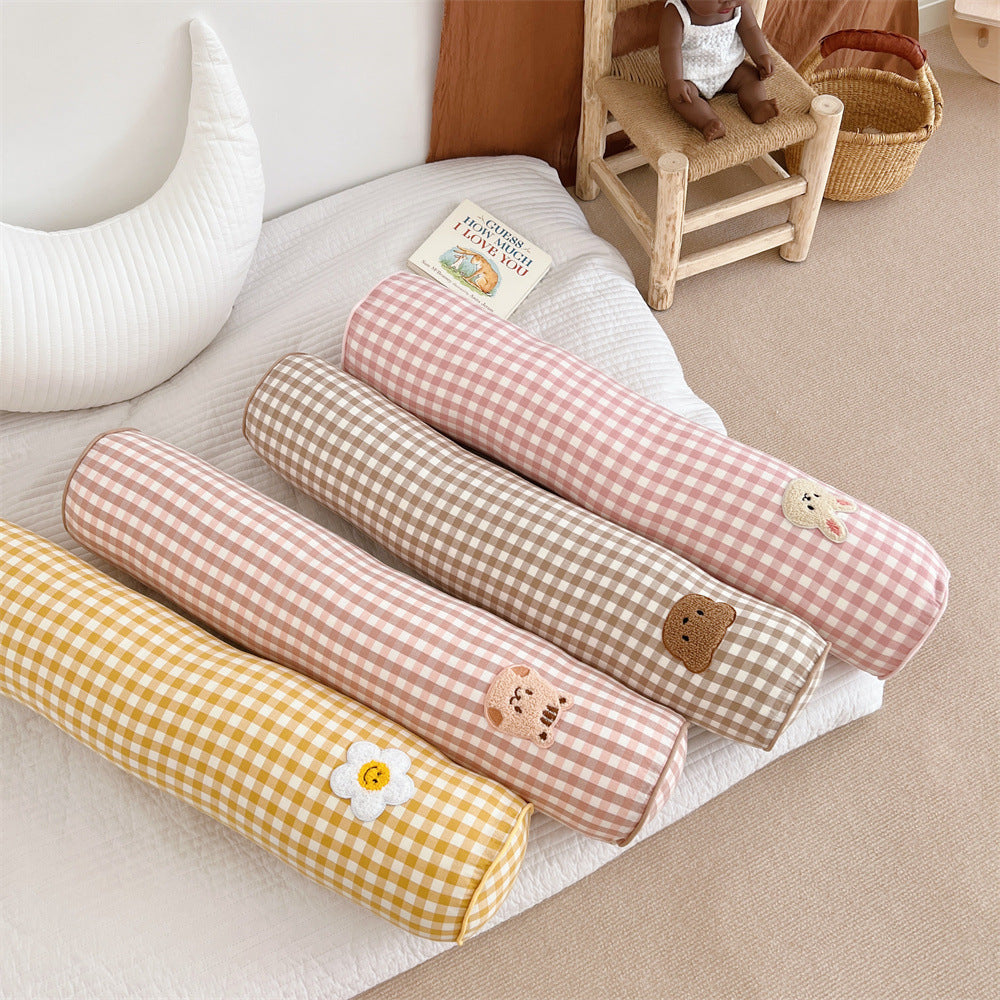 Gingham Bolster Nursery Pillow with Embroidered Daisy Appliqué Cotton Cover