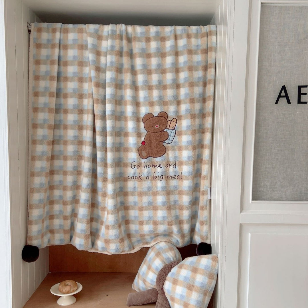 Plush Gingham Check Embroidered Fleece Throw Blanket with Bear Applique