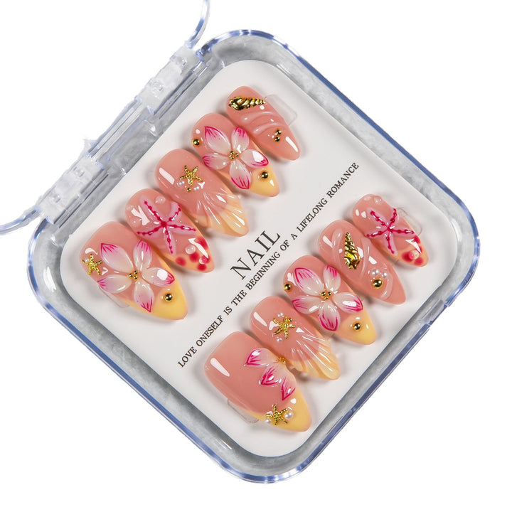 Decorative Press-On Nail Set with Floral and Beach Accents