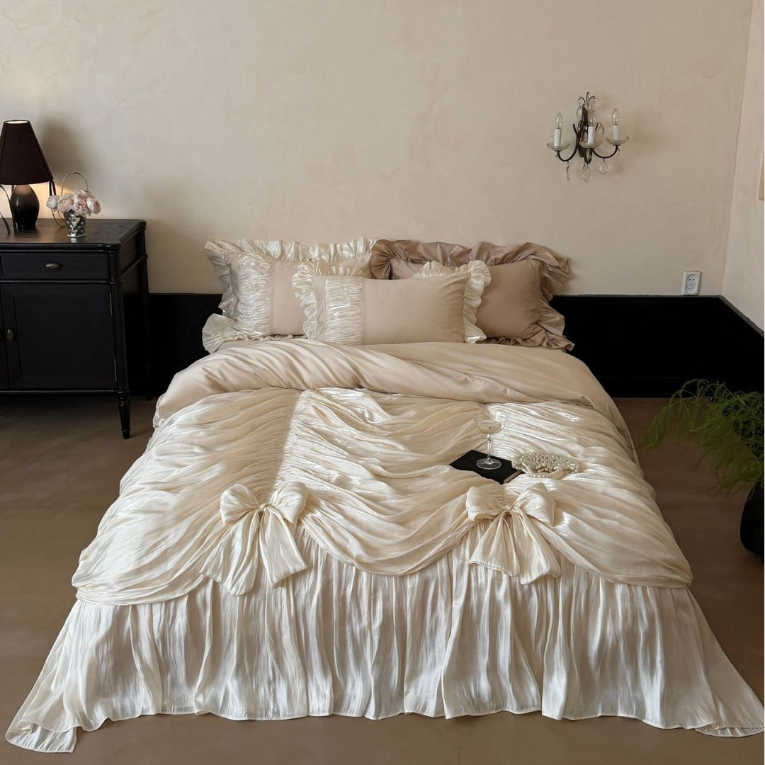 Romantic Ruffled Satin Bedspread with Bows and Gathered Edge