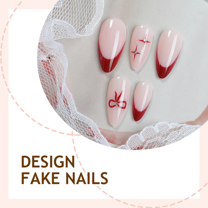 Creative artificial nail set with elegant bow and gradient design Stornfield