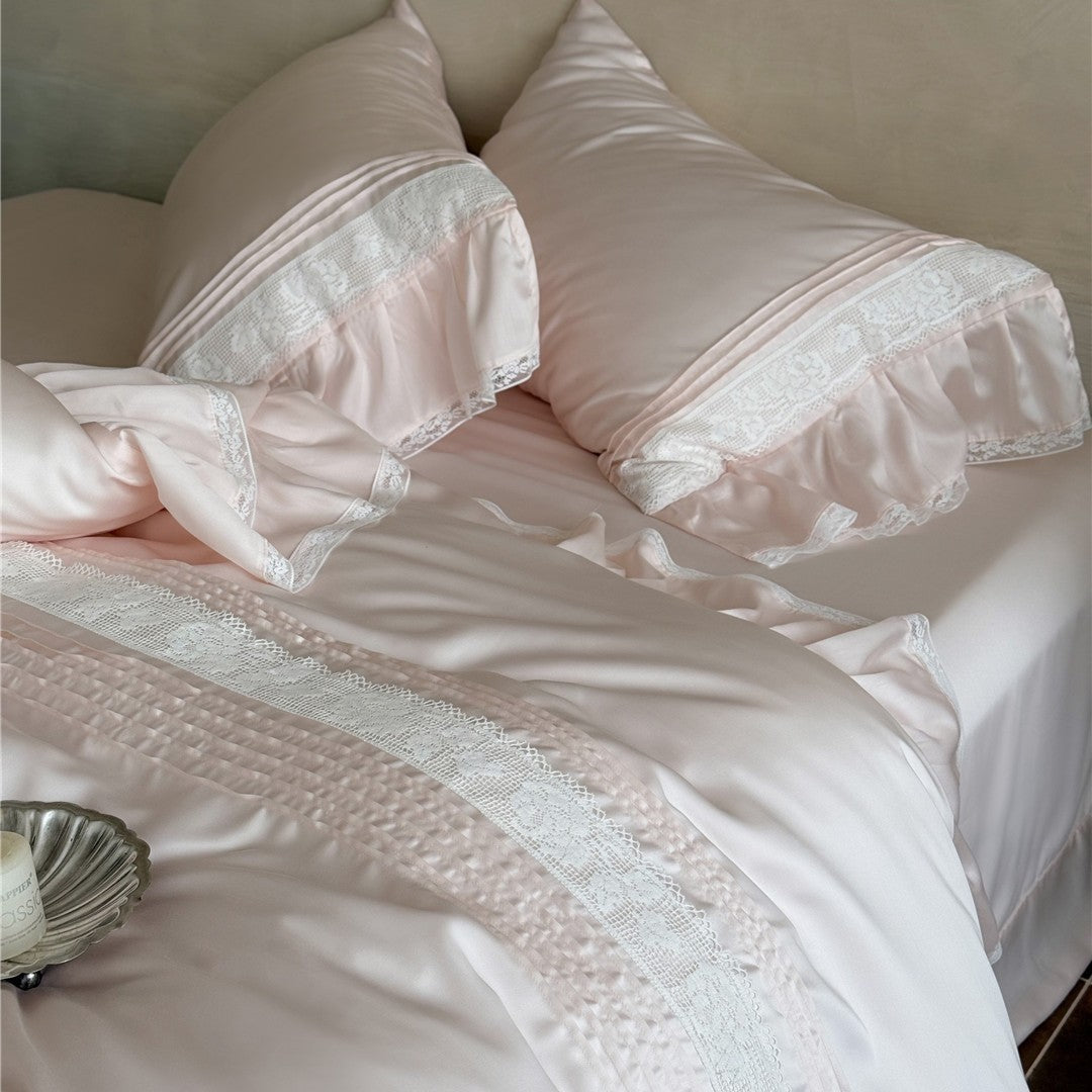 Luxury Satin Ruffled Lace-Trim Duvet Cover Set