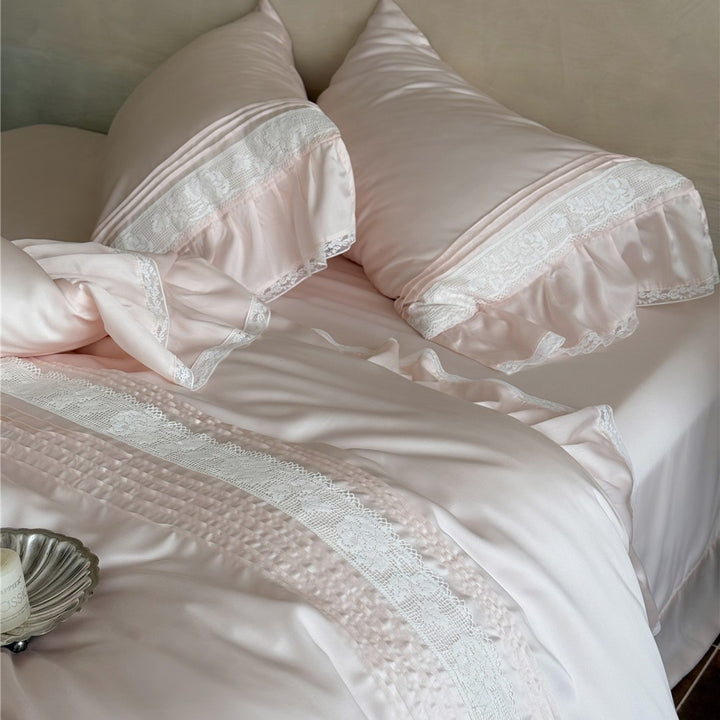 Luxury Satin Ruffled Lace-Trim Duvet Cover Set