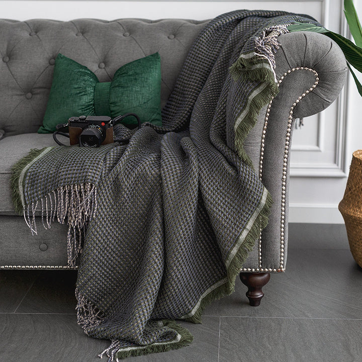 Throw blanket and plaid with herringbone structure, soft cotton blend and decorative fringes Stornfield