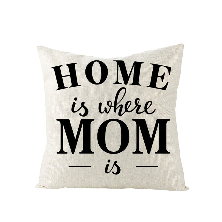 Decorative Linen-Texture Throw Pillow Cover with 'Home Is Where Mom Is' Printed Typography