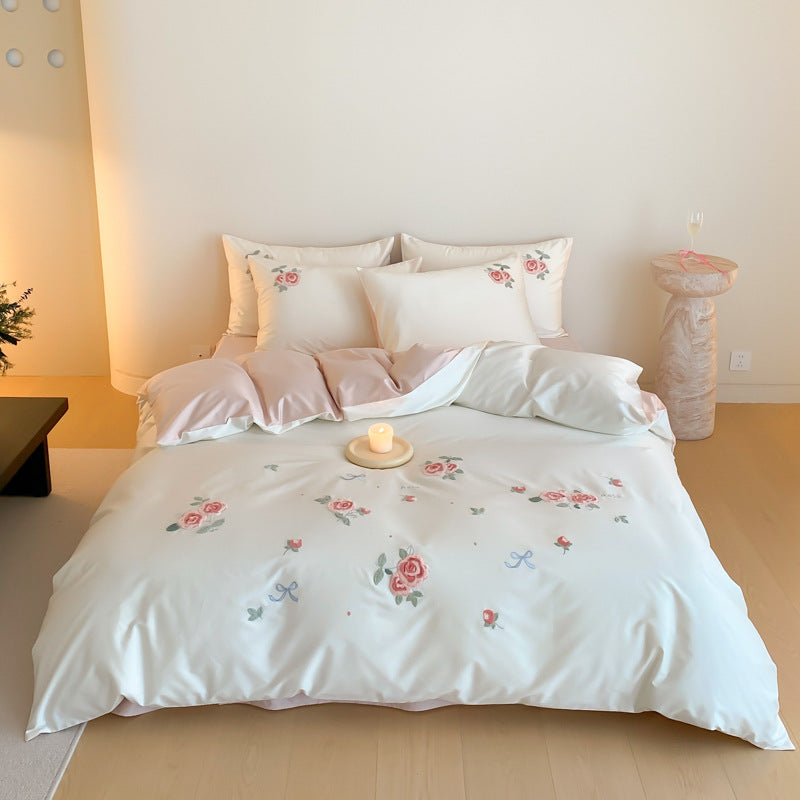 Bedding complete set made of cotton satin with dessert party motif and reversible pillowcases