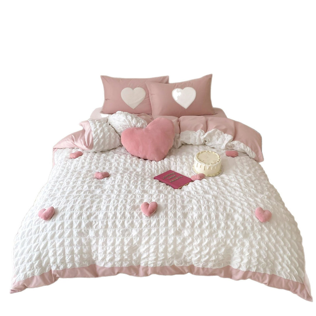 Heart Appliqué Textured Ruffled Duvet Cover Set