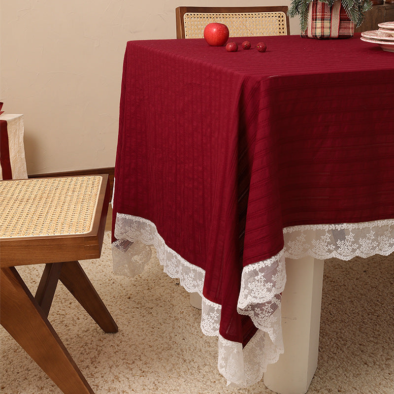 Rectangular festive tablecloth with lace border and fine waffle texture Stornfield