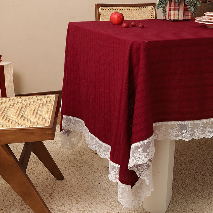 Rectangular festive tablecloth with lace border and fine waffle texture Stornfield