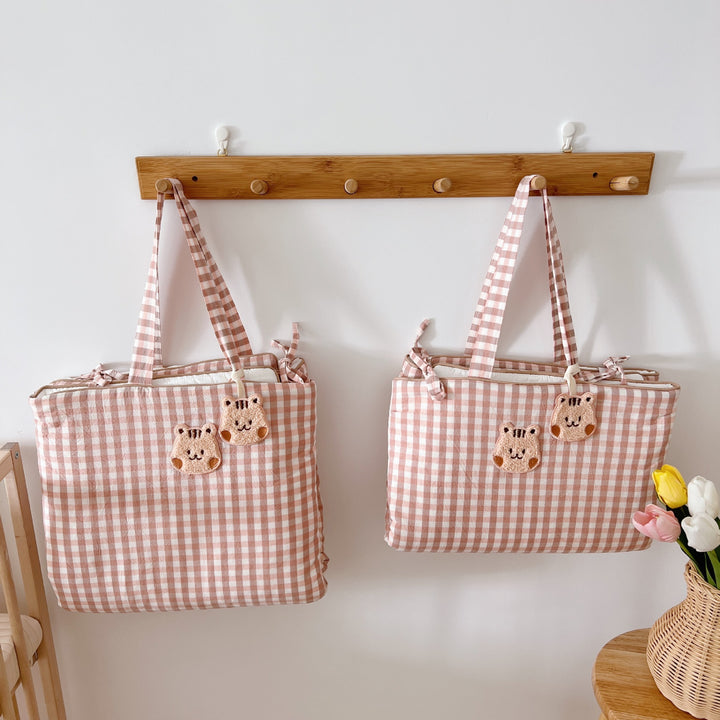 Hanging Nursery Storage Organizer Bags with Gingham Pattern and Bunny Appliqué Wall Pockets