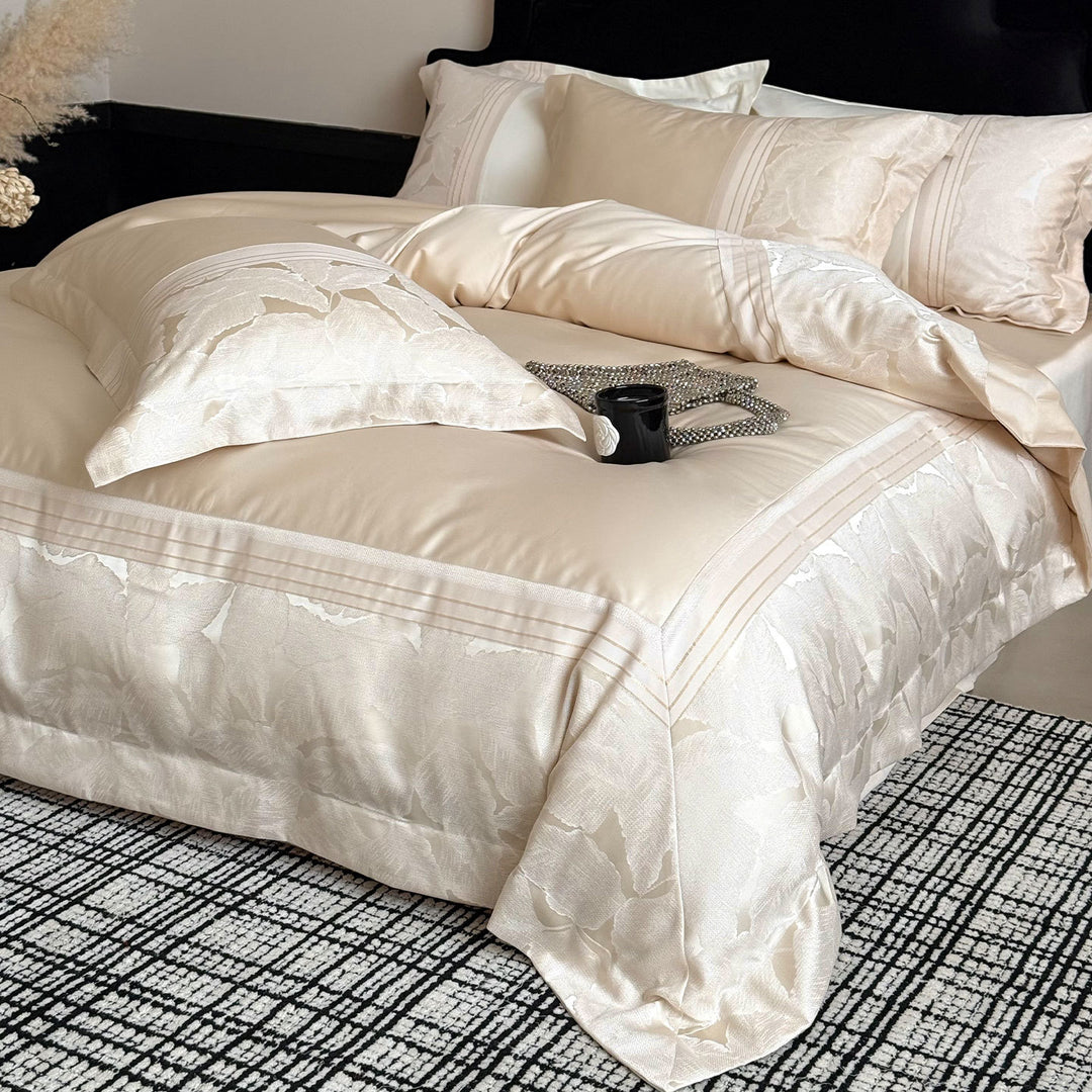 Luxury Satin Jacquard Floral Duvet Cover Set with Pleated Bed Skirt