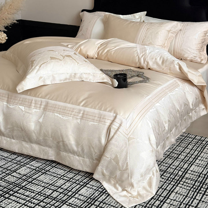 Luxury Satin Jacquard Floral Duvet Cover Set with Pleated Bed Skirt