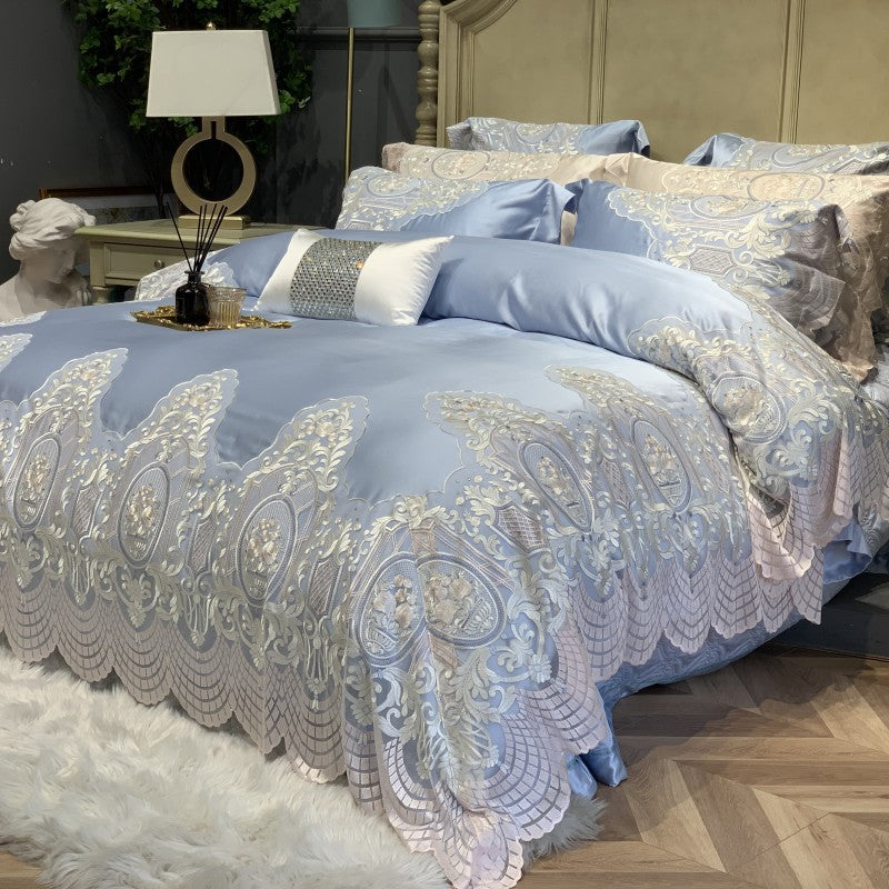 Luxury Embroidered Lace-Trim Duvet Cover Set with Decorative Pillow Shams