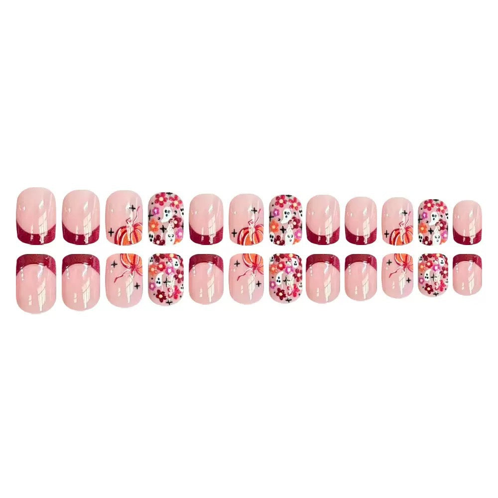 Artificial nail set with cheerful flower designs and elegant French tips Stornfield