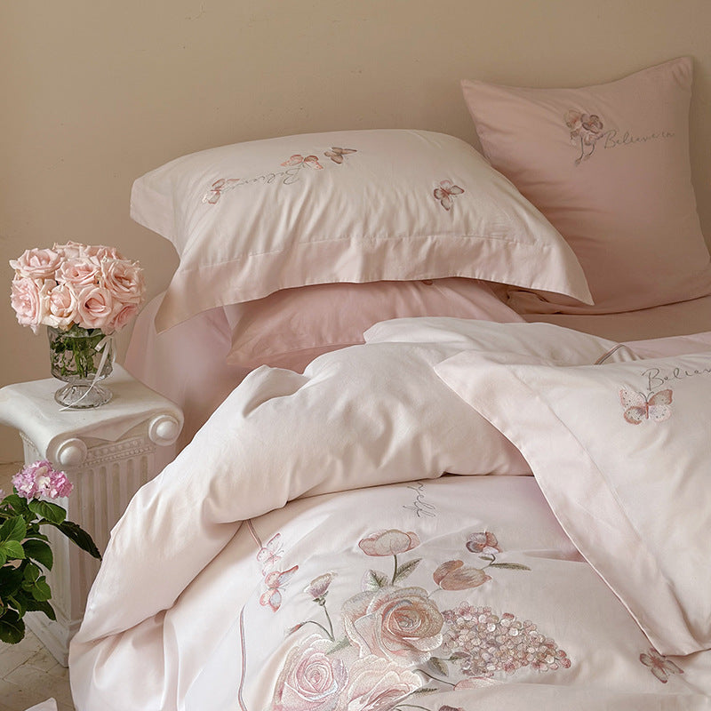 Embroidered Floral Satin Duvet Cover Set with Decorative Bow and Matching Pillow Shams