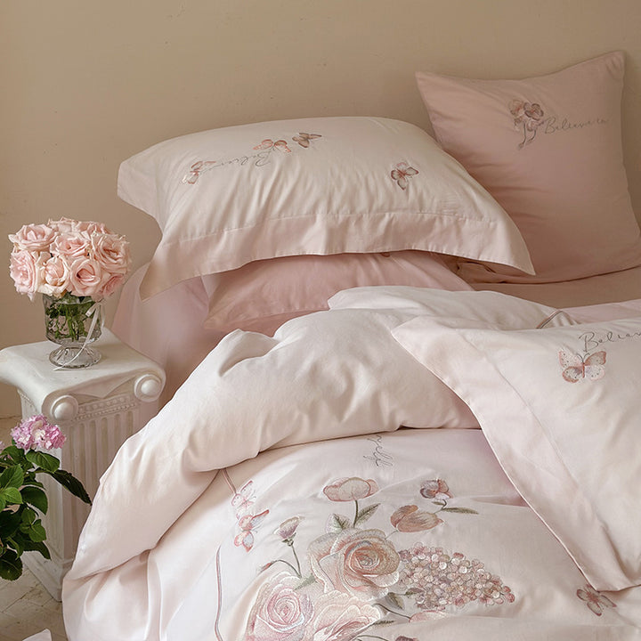 Embroidered Floral Satin Duvet Cover Set with Decorative Bow and Matching Pillow Shams