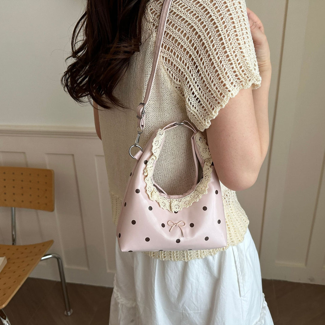 Stylish Polka Dot Crossbody Handbag with Lace Trim
