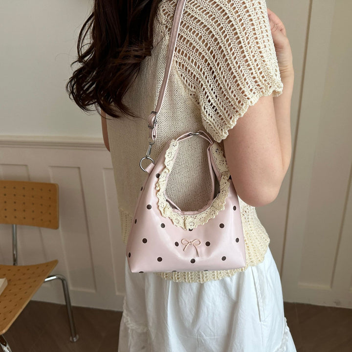 Stylish Polka Dot Crossbody Handbag with Lace Trim