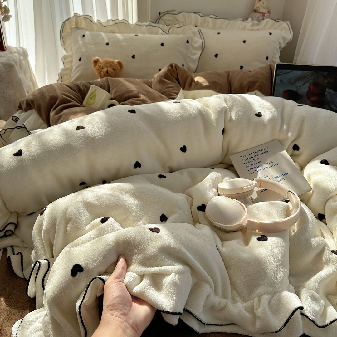 Plush Coral Fleece Heart-Print Oversized Comforter with Ruffle-Edge Pillow Shams