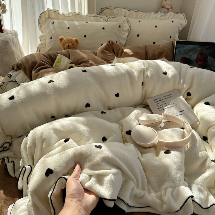 Plush Coral Fleece Heart-Print Oversized Comforter with Ruffle-Edge Pillow Shams