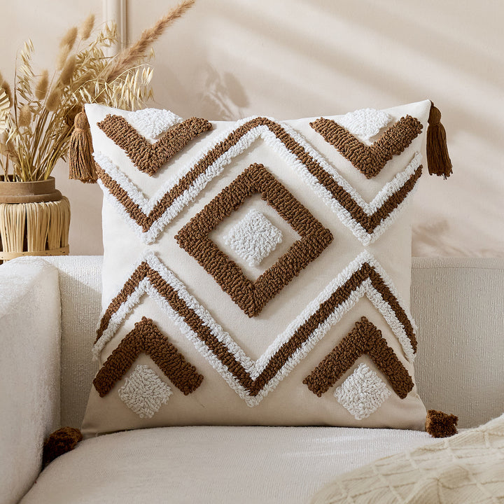 Tufted Geometric Boho Square Throw Pillow Cover with Corner Tassels and Hidden Zipper