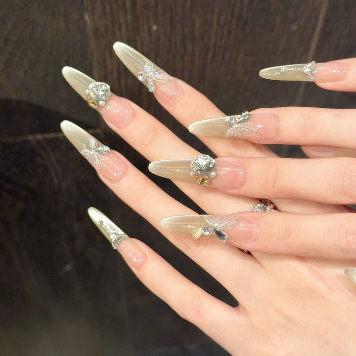 Stylish Stiletto Press-On Nails with Glittering Gem Accents