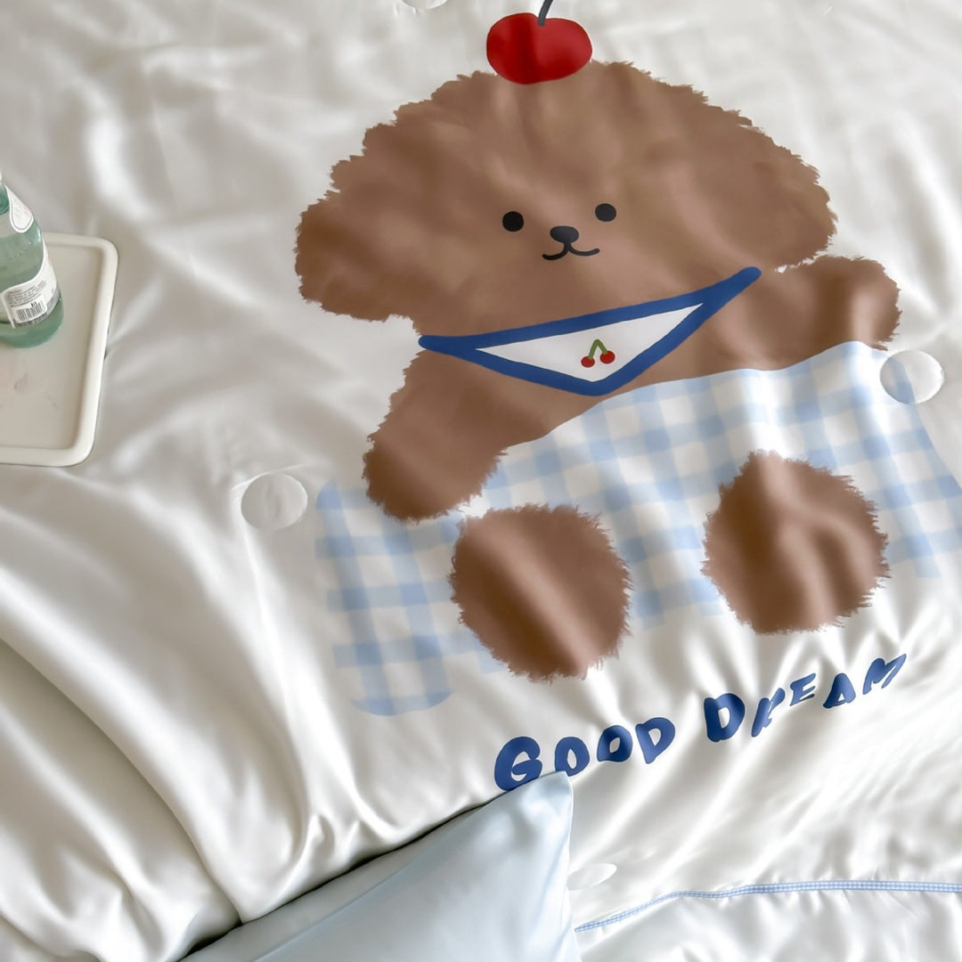 Children's bedding set with cute dog print, satin-like cotton blend & reversible pillowcase