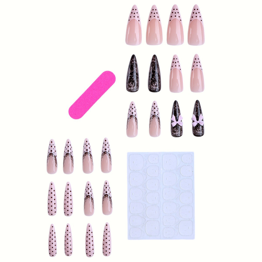Elegant Stiletto Press-On Nail Set with Lace and Bow Design Stornfield