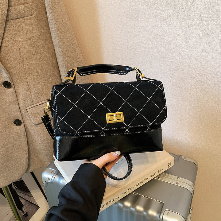 Quilted Suede and Glossy Leather Handheld Satchel