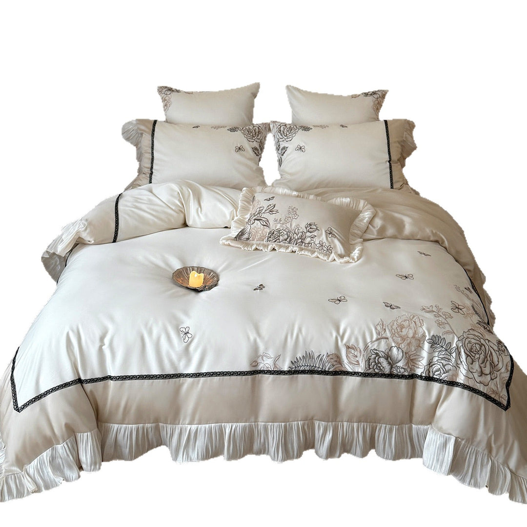 Silky Satin Floral Embroidered Ruffle Duvet Cover Ensemble with Pleated Bedskirt