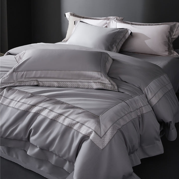 Luxury Micro-Sateen Duvet Cover Set with Embroidered Border and Decorative Shams