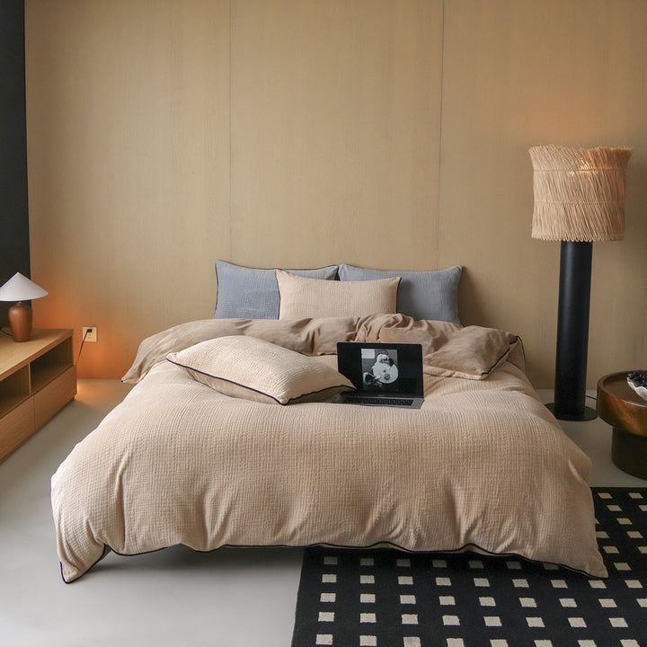 Quilted Textured Cotton Duvet Cover Set with Contrast Piping