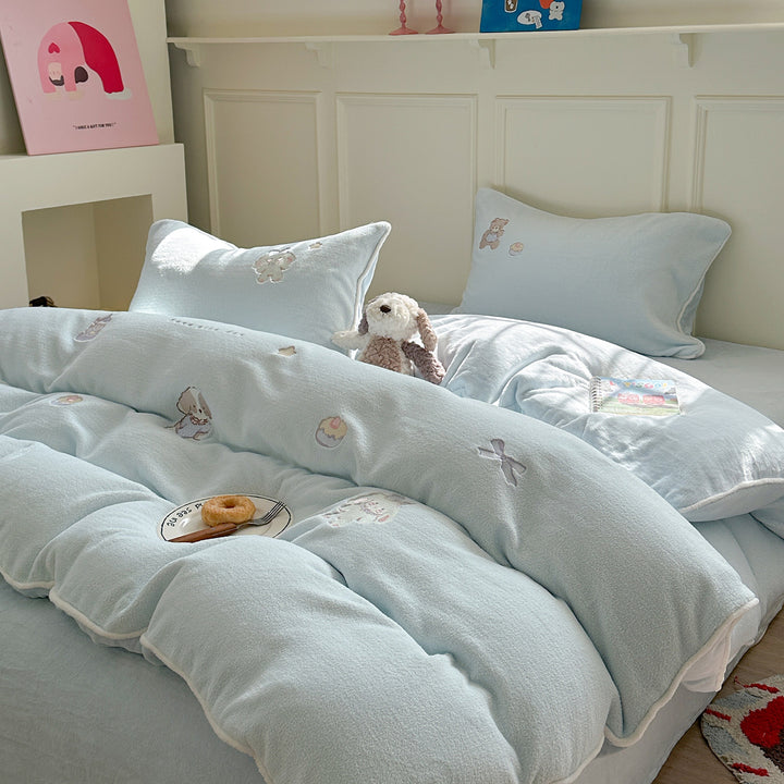 Plush Embroidered Teddy Fleece Duvet Comforter Set with Pillow Shams