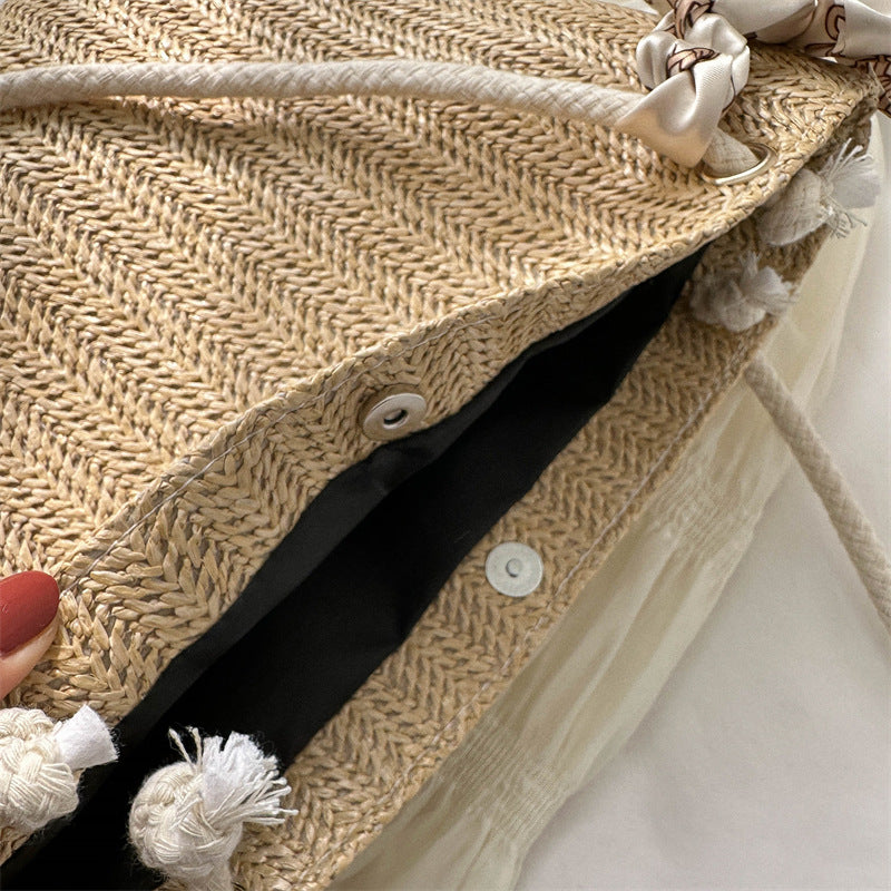 Woven Straw Tote Bag with Decorative Scarf