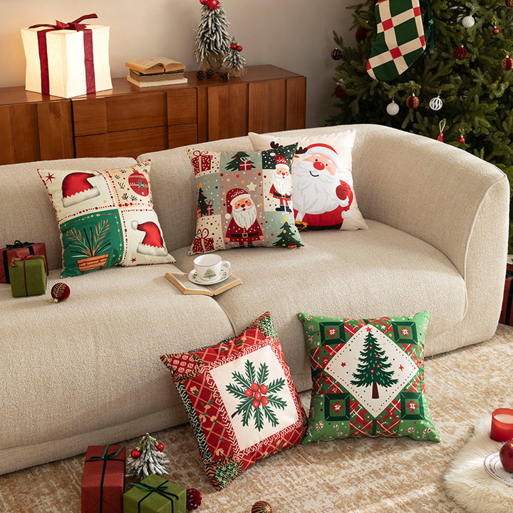 Christmas square decorative pillow with patchwork print and soft microfiber cover