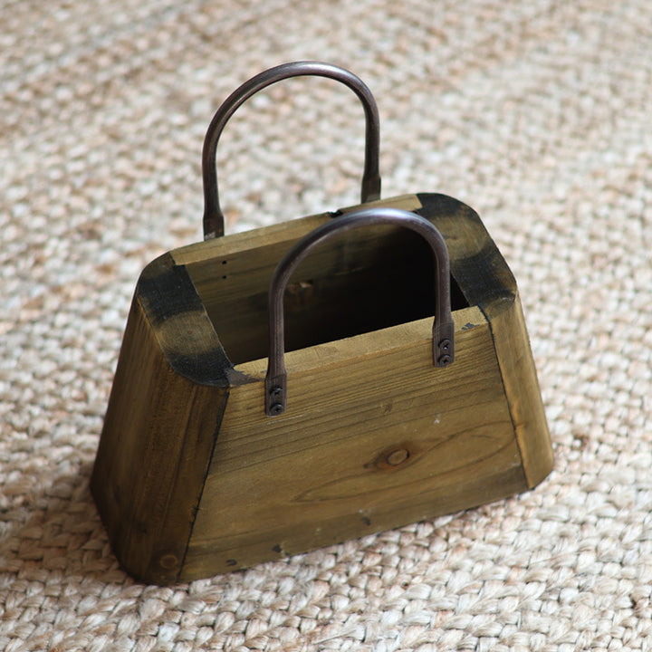 Handcrafted wooden basket with metal handles Stornfield