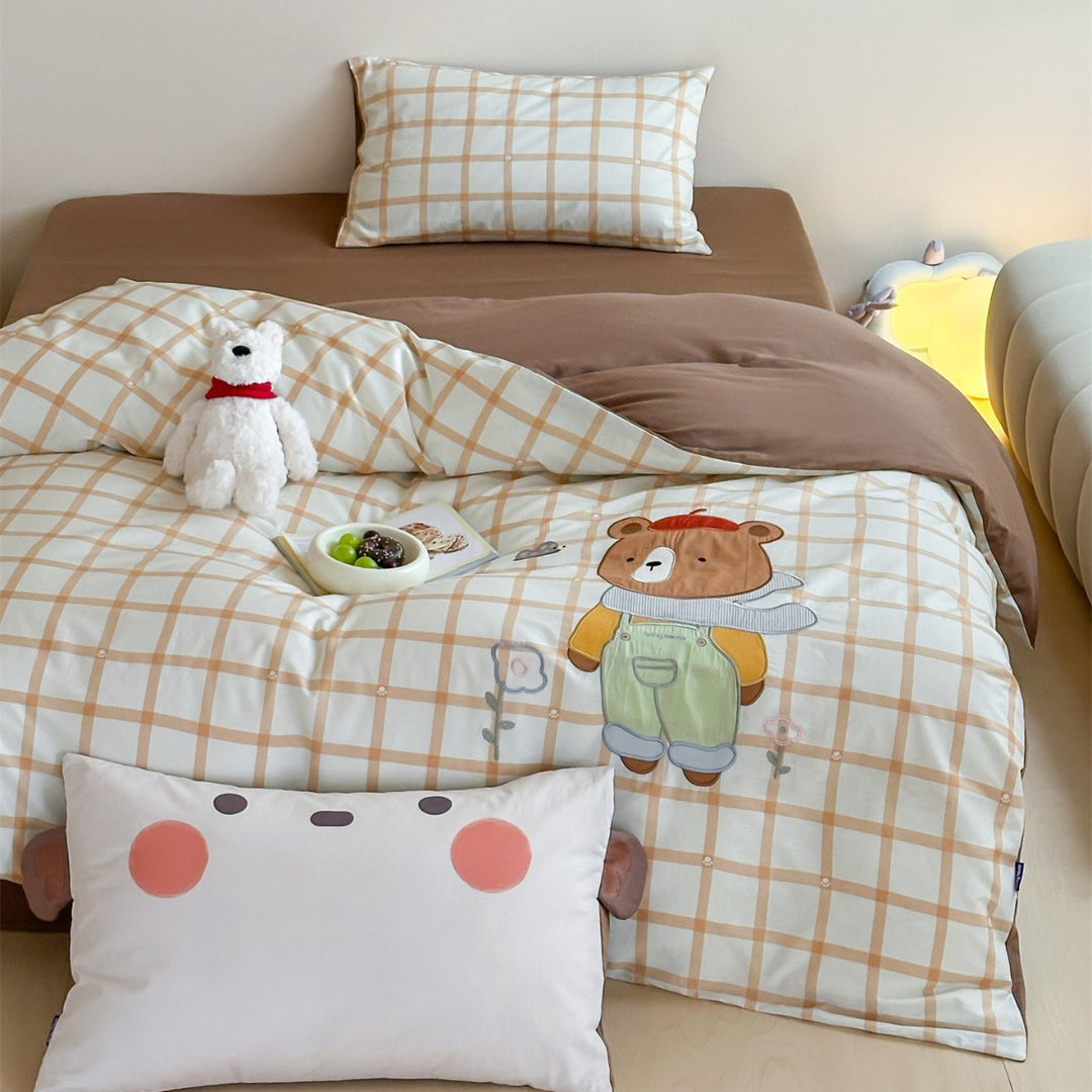 Children's Panda Appliqué Cotton Sateen Duvet Cover Set with Grid Print and Reversible Pillowcase