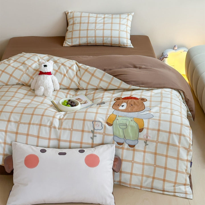 Children's Panda Appliqué Cotton Sateen Duvet Cover Set with Grid Print and Reversible Pillowcase