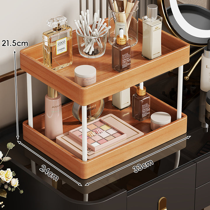 Two-Tier Wooden Vanity Countertop Organizer with Metal Pillars