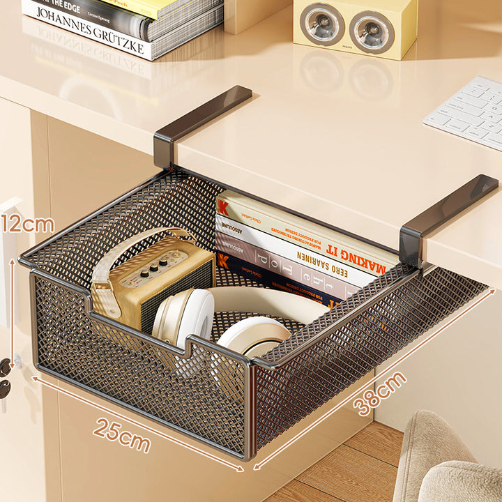 Under-Desk Hanging Mesh Storage Drawer with Clamp Mount