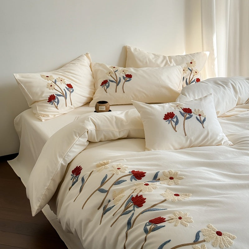 Embroidered Botanical Cotton Percale Duvet Cover Set with Appliqué Flowers and Envelope Shams