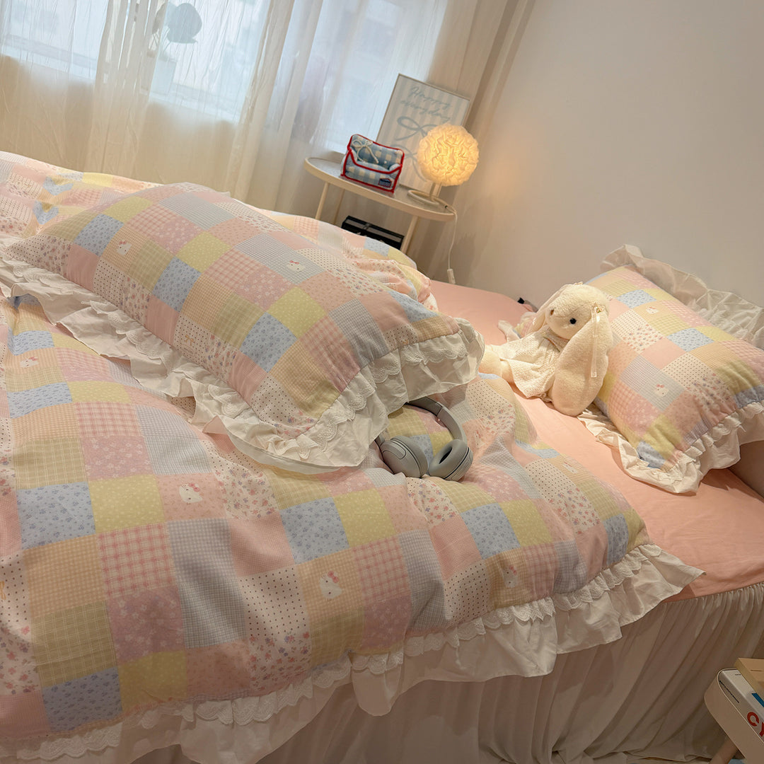 Pastel Patchwork Ruffled Cotton Duvet Cover Set with Lace-Trim Pillow Shams