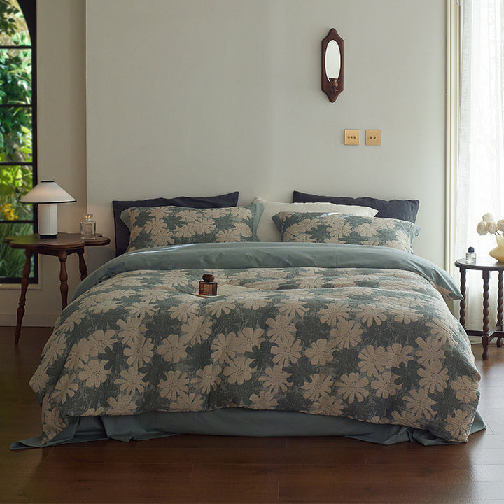 Quilted Botanical Cotton-Linen Comforter Set with Textured Floral Matelassé and Envelope Pillow Shams